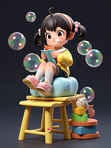卡通板凳坐在高高的板凳上看着飞着的泡泡的可爱卡通小女孩插画