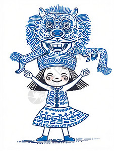 开心舞狮的可爱卡通小女孩粗线条插画背景图片