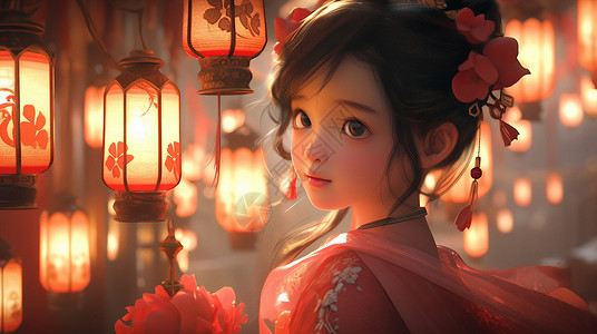 头戴红色花朵夜晚欣赏灯笼的可爱卡通小女孩背景图片