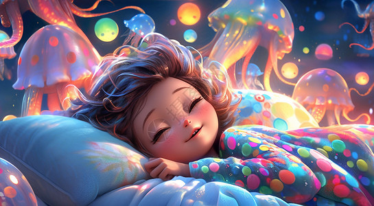 被窝穿着花睡衣趴在床上睡觉的可爱立体卡通小女孩插画