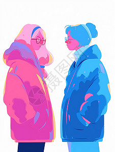 穿着很厚的衣服在面对面说话的两个卡通女孩背景图片