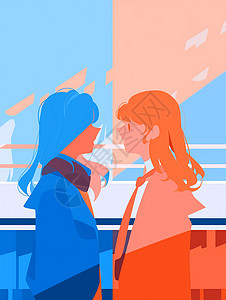 站在路边说话的两个卡通女孩剪影背景图片