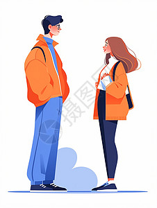 穿着橙色针织外套谈话的卡通男青年女青年高清图片
