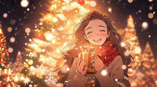 圣诞节夜晚抱着礼物开心笑的卡通小女孩背景图片