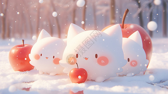 大雪中几只可爱的卡通动物与红色苹果背景图片