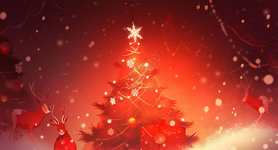 雪花飘落在树上红色调喜庆的卡通圣诞树上顶着白色卡通雪花插画