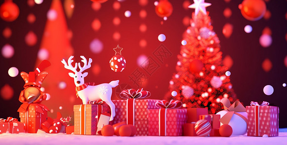 圣诞节很多漂亮的卡通礼物盒与一只白色卡通小驯鹿背景图片