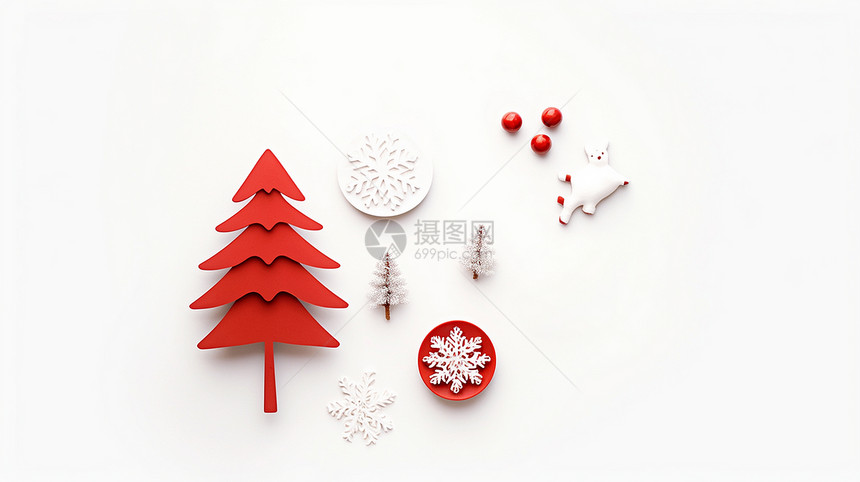 红色可爱的卡通圣诞树与雪花图片