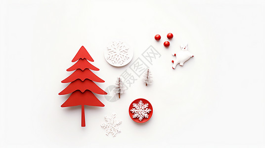 红色可爱的卡通圣诞树与雪花背景图片