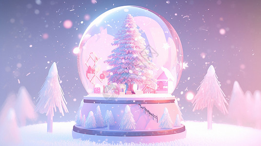 紫色调有圣诞树的漂亮卡通水晶球背景图片