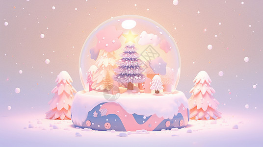 可爱的卡通圣诞水晶球在大雪中背景图片