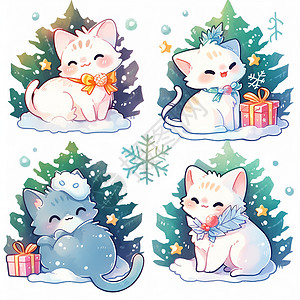 在圣诞树前几只可爱的卡通小白猫背景图片