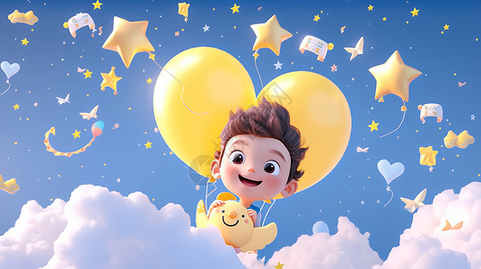 小男孩放飞气球在云朵上开心笑的卡通小男孩插画