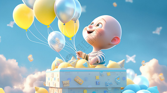 看着很多气球开心笑的卡通男婴背景图片