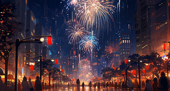 新年看烟花人群夜晚放烟花喜庆的卡通城市插画