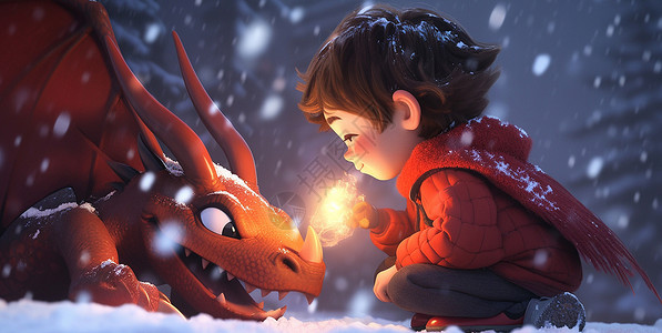 大雪中穿着红色衣服的卡通小男孩与红色一起玩耍背景图片
