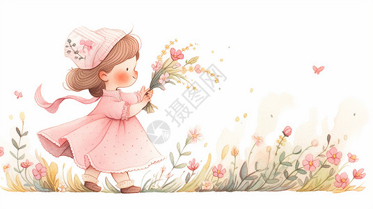 穿粉色裙子的可爱卡通小女孩在户外采花背景图片