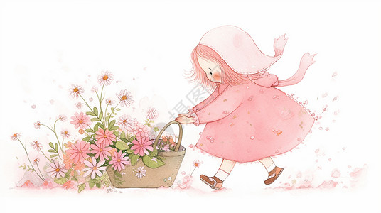 手提嗲穿粉色裙子的可爱卡通小女孩准备手提花篮插画