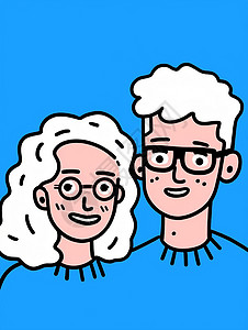 蓝色背景上卷发戴眼镜的卡通情侣头像背景图片