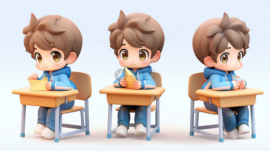 坐在课桌上立体可爱的卡通小男孩图片
