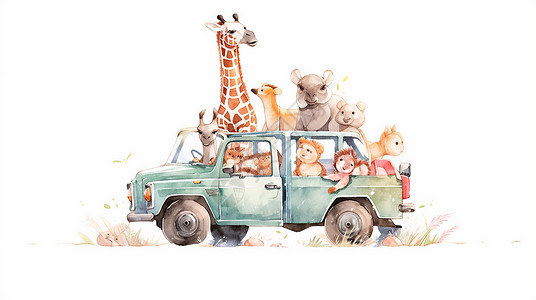水彩风卡通插画在汽车中的卡通小动物们背景图片