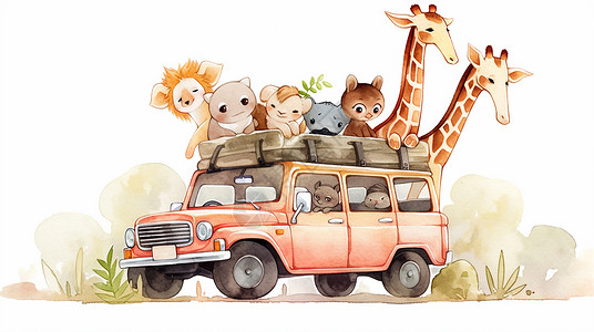 红色汽车上一群可爱的卡通小动物们背景图片