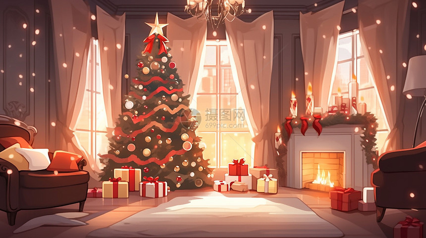 夜晚圣诞树旁摆放着很多礼物的卡通房间图片