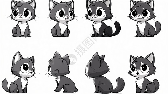 深灰色背景深灰色可爱的大眼睛卡通小猫各种动作与表情插画
