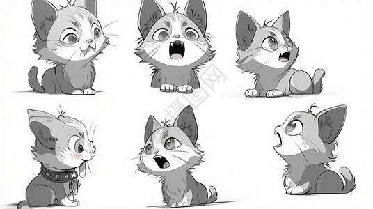 灰色小猫喵喵叫可爱的大眼睛灰色卡通小猫各种动作插画