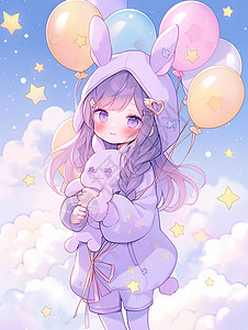 抱着小兔子穿着紫色外套的系清新可爱卡通小女孩背景图片