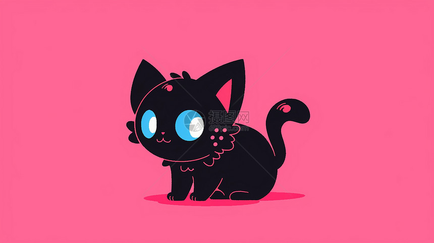 玫红色背景简约可爱的卡通小黑猫图片