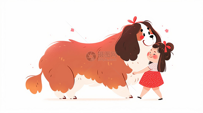 与巨大的宠物狗一起玩耍的可爱卡通小女孩图片