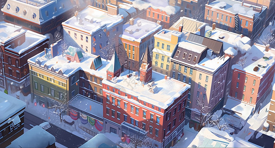 楼房鸟瞰图雪后温馨浪漫的卡通小镇插画
