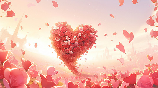 彩铅情侣人物在空中粉色浪漫的卡通花朵爱心插画