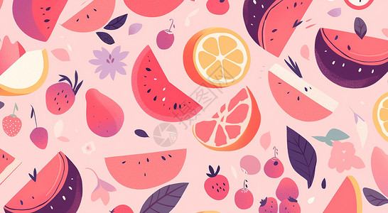 粉色调可爱的卡通水果背景背景图片