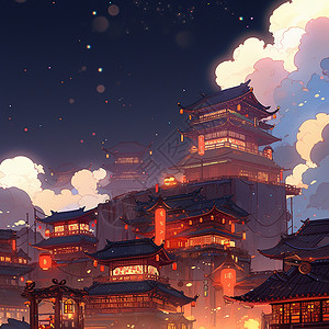 夜晚灯火通明喜庆的古风卡通多层建筑背景图片