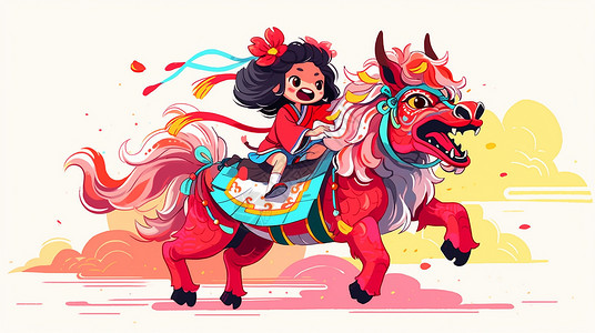 头戴红色花朵骑着瑞兽的可爱卡通小女孩背景图片