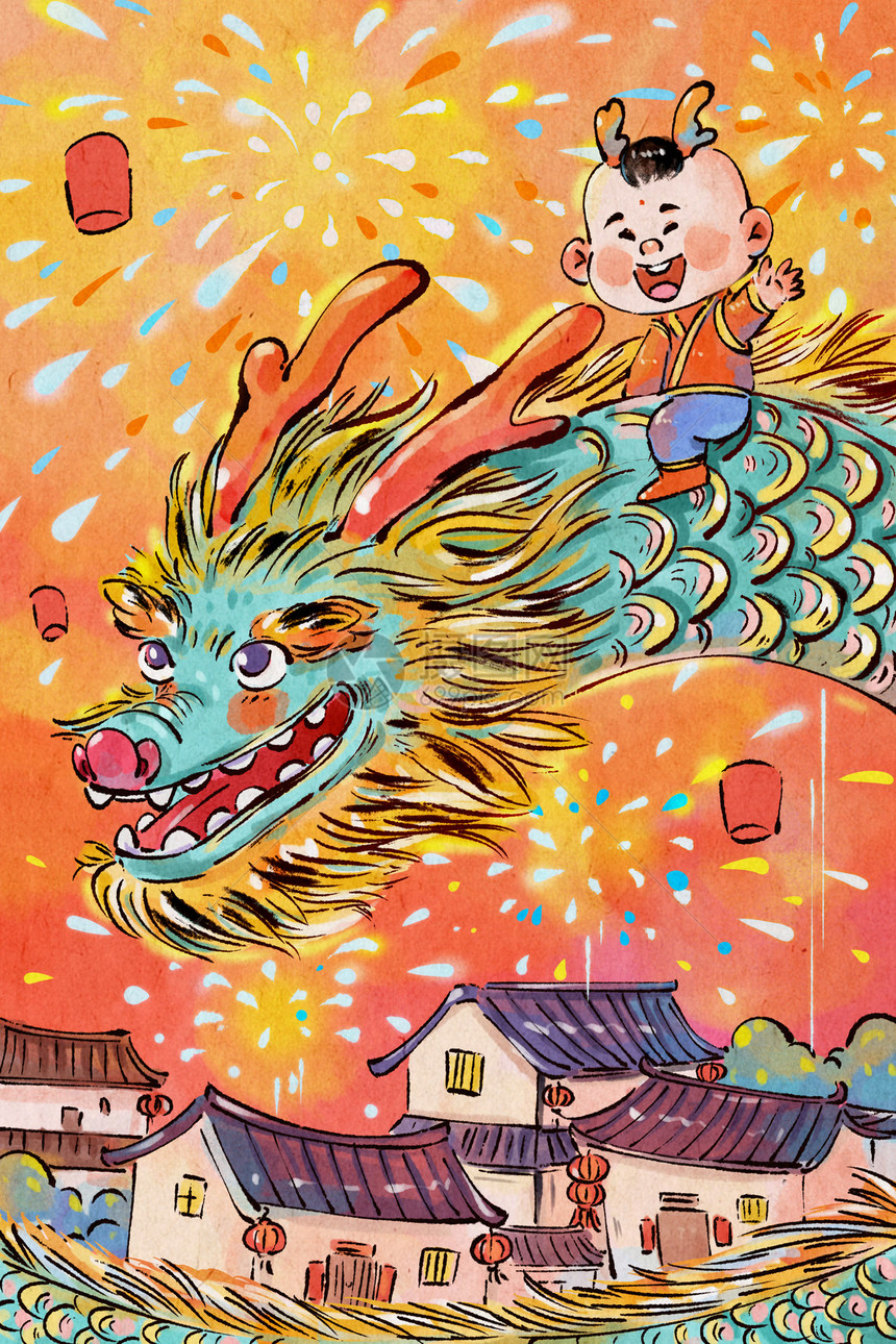 手绘水墨之骑龙的少年新年春节元旦插画图片