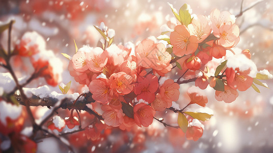 大雪中盛开的粉红色卡通花朵背景图片