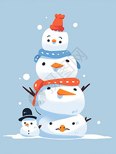 叠罗汉一堆可爱的卡通小雪人叠在一起插画