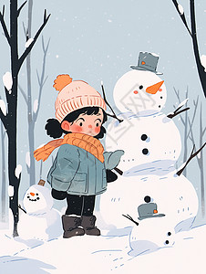 戴粉色毛线帽的卡通小女孩在大雪中堆雪人背景图片