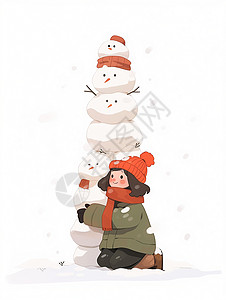叠罗汉戴红色毛线帽的卡通小女孩在堆高高的雪人插画
