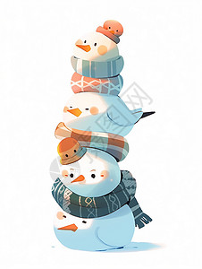 围着围巾叠罗汉的可爱卡通小雪人们插画
