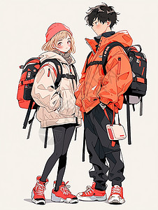 穿着时尚的卡通男青年女青年背着书包背景图片