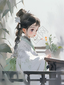 站在植物旁欣赏风景的古风装扮卡通小女孩背景图片
