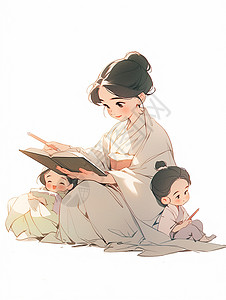 在认真看书的古风装扮卡通妈妈与两个可爱的卡通小孩背景图片