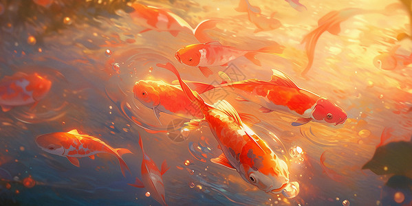 一群红色吉祥的卡通锦鲤在金色阳光下开心游泳背景图片