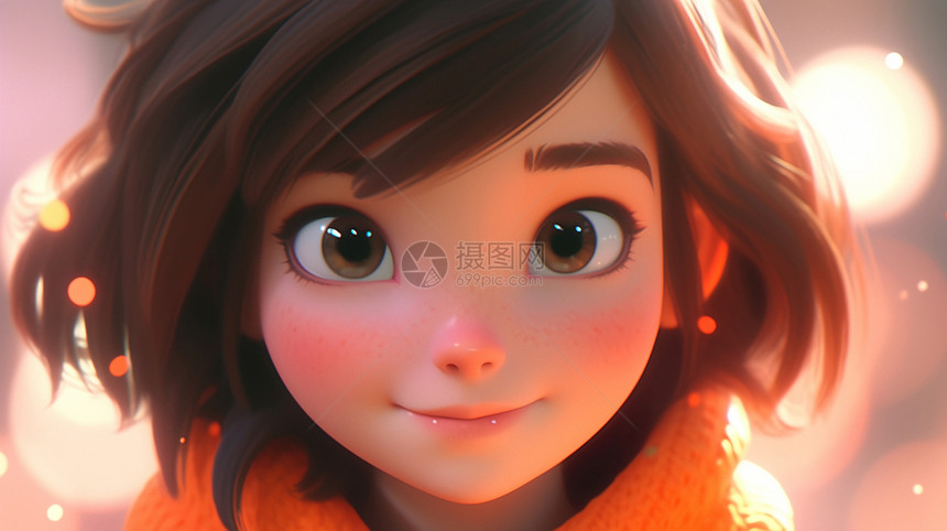 戴着橙色围巾微笑大眼睛可爱的卡通小女孩图片