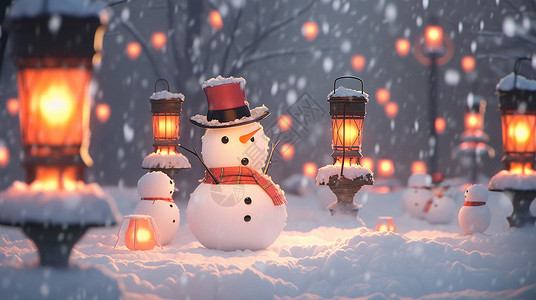 大雪中在路灯旁立体可爱的卡通小雪人插画