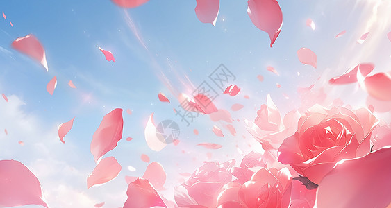 情人节粉红玫瑰漫天飞舞的卡通玫瑰花瓣卡通场景插画